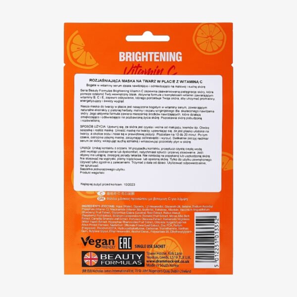 Beauty Formulas Brightening Vitamin C Facial Sheet Mask - Image 2